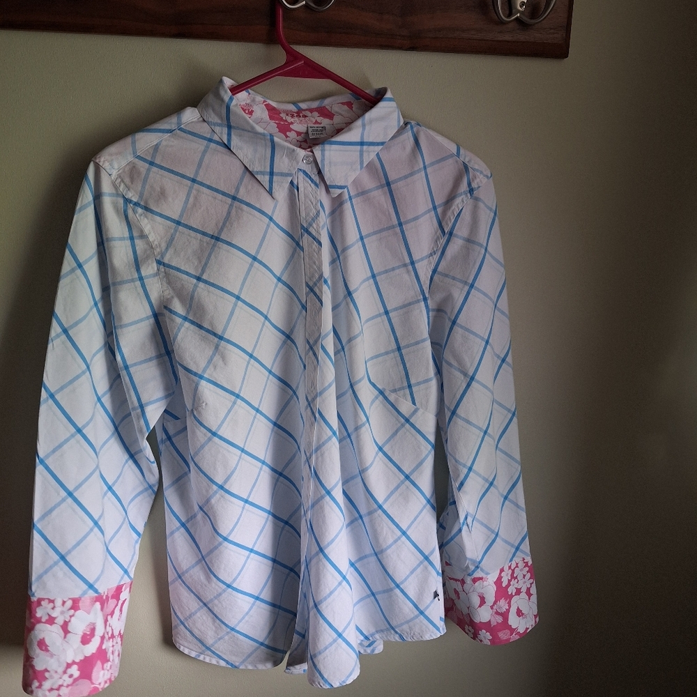 Final Price* EUC Izod Pink Floral Log Sleeve Button Up Women's Shirt Size L